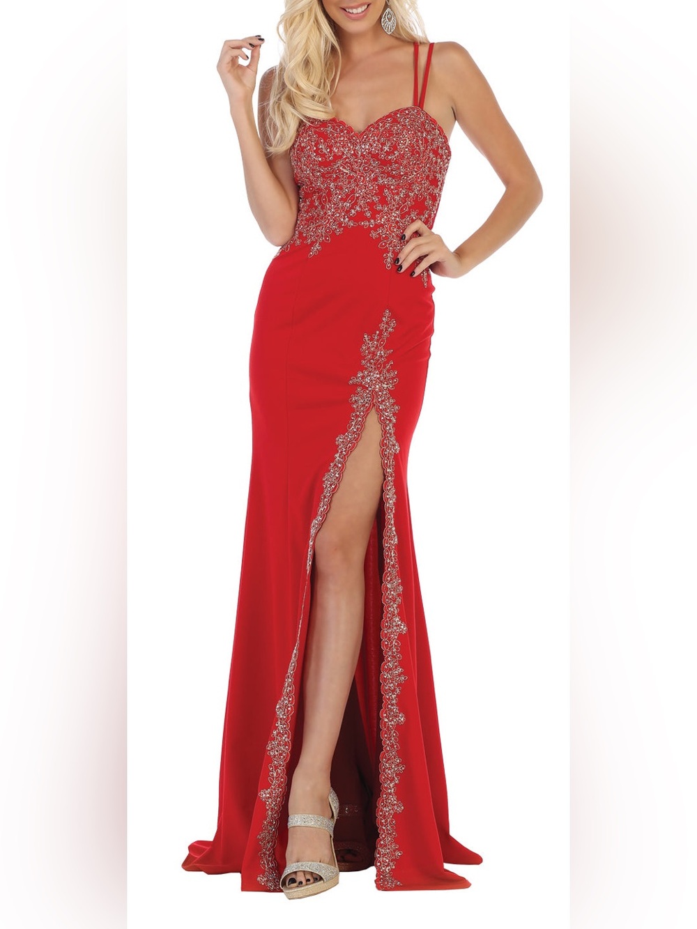 May Queen Red Beaded Strapless Evening Gown Prom Dress size 8